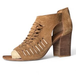 Franco Sarto Janice Woven Leather Suede Open Toe Heels Caramel Tan Brown 8M